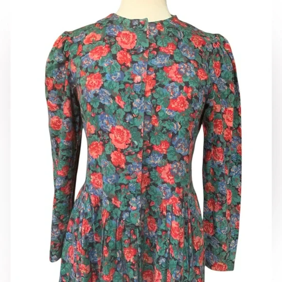 Vintage Laura Ashley button down puff sleeve drop waist floral midi dress sz 12 - Picture 2 of 11